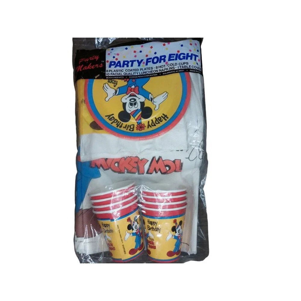 Vintage Disney Mickey Mouse Birthday Party Set For Eight With Plates Cups Napkin